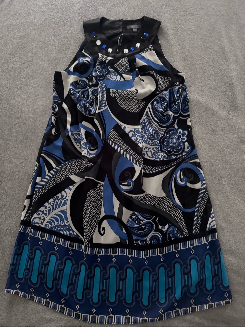 Beaded Neckline Blue & Black Printed Sleeveless Dress
